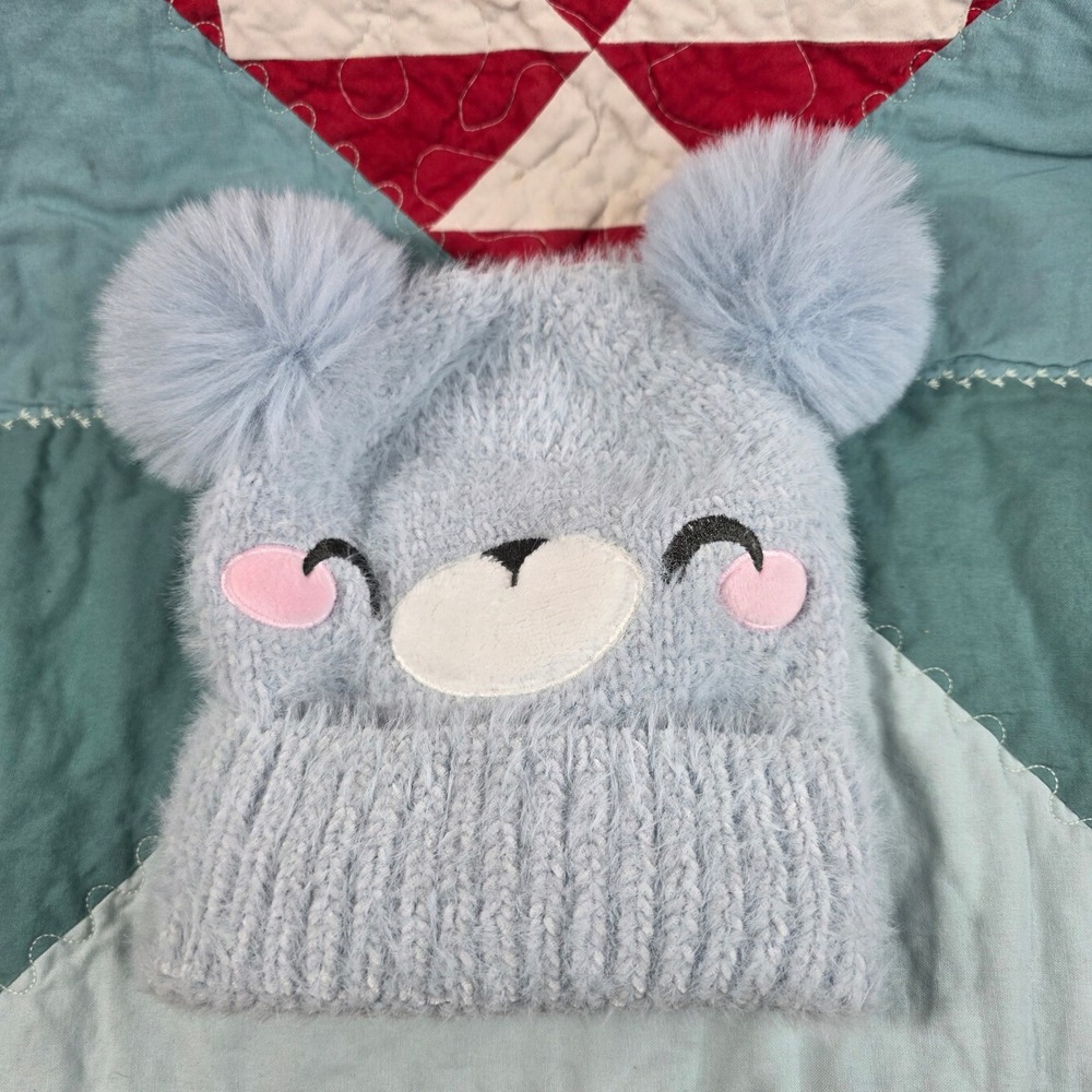 Claire's Beanie Hat Kids One Size Light Blue Fuzzy Bear Pom Pom Ears